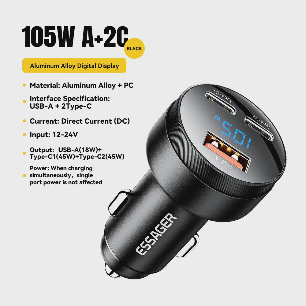 Essager 105W Auto Oplader: Snelladen met USB-C, QC4.0, PD & PPS voor iPhone, Samsung, Xiaomi