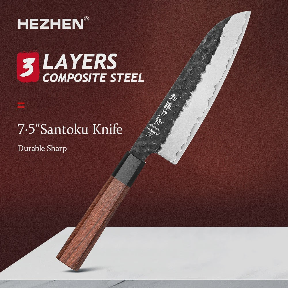HEZHEN Keukenmes Set 4-delig - 3-laags Composiet Staal, Santoku & Nakiri