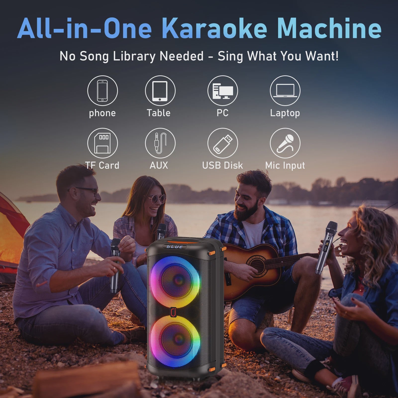 Draagbare Karaoke Machine met Bluetooth 5.3, PA Systeem, LED Verlichting & Echo