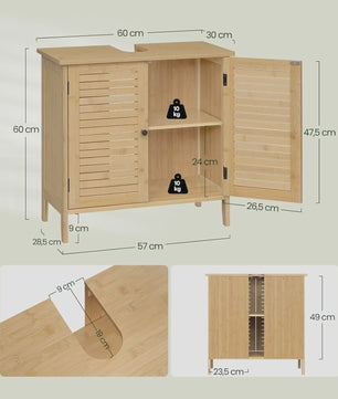 Bamboe Onderbouw Kast Badkamer 60x30x60cm met 2 Deuren en Verstelbare Plank