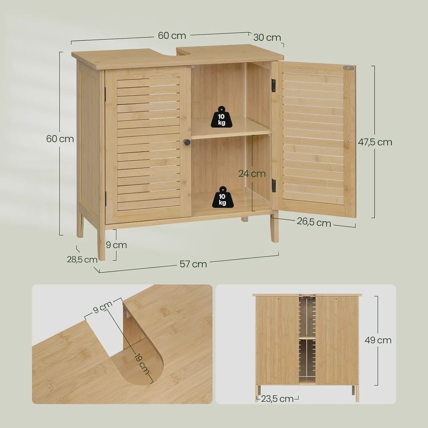 Bamboe Onderbouw Kast Badkamer 60x30x60cm met 2 Deuren en Verstelbare Plank