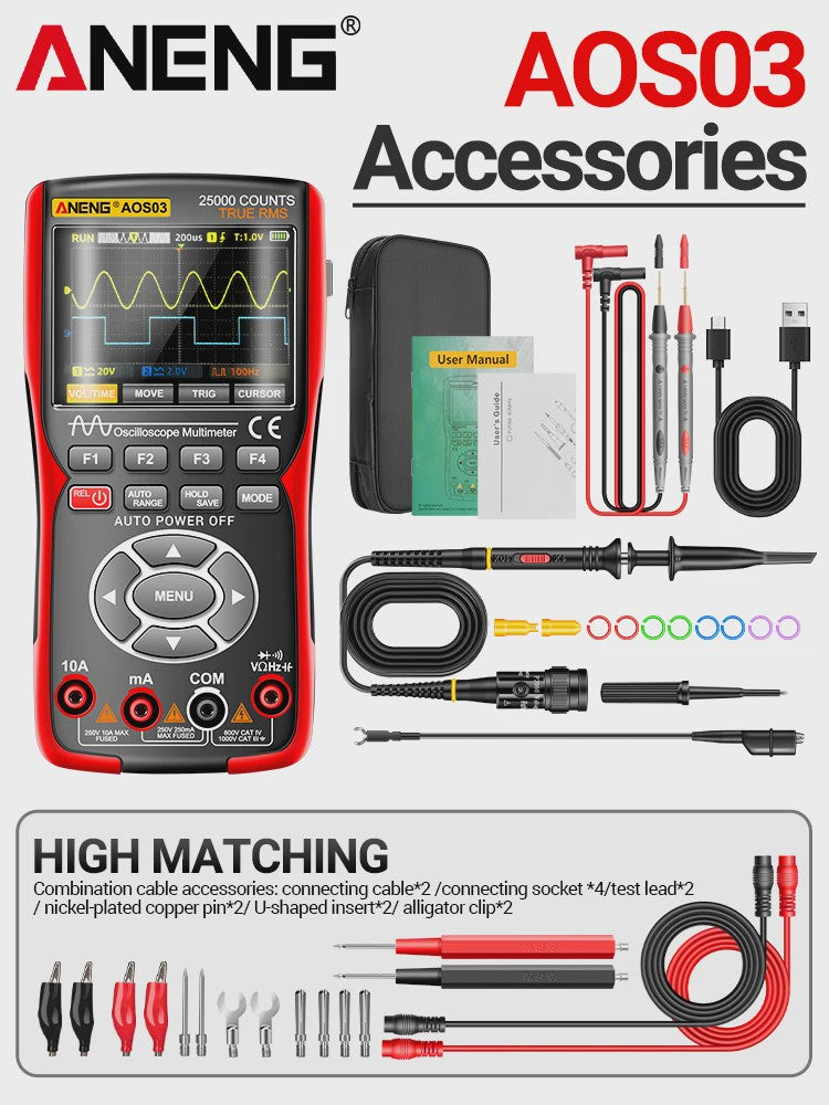 ANENG AOS03 Digitale Oscilloscope Multimeter met Signaalgenerator - 50MHz Dual Channel Tester