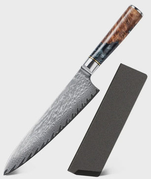 8 inch Damast Koksmes - Professioneel Keukenmes met Zwart Resin & Gekleurd Houten Handvat