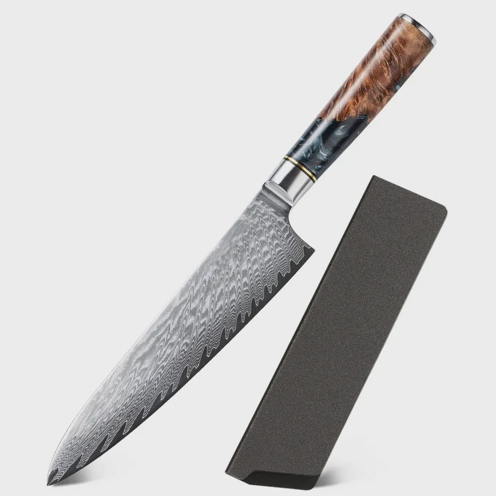 8 inch Damast Koksmes - Professioneel Keukenmes met Zwart Resin & Gekleurd Houten Handvat