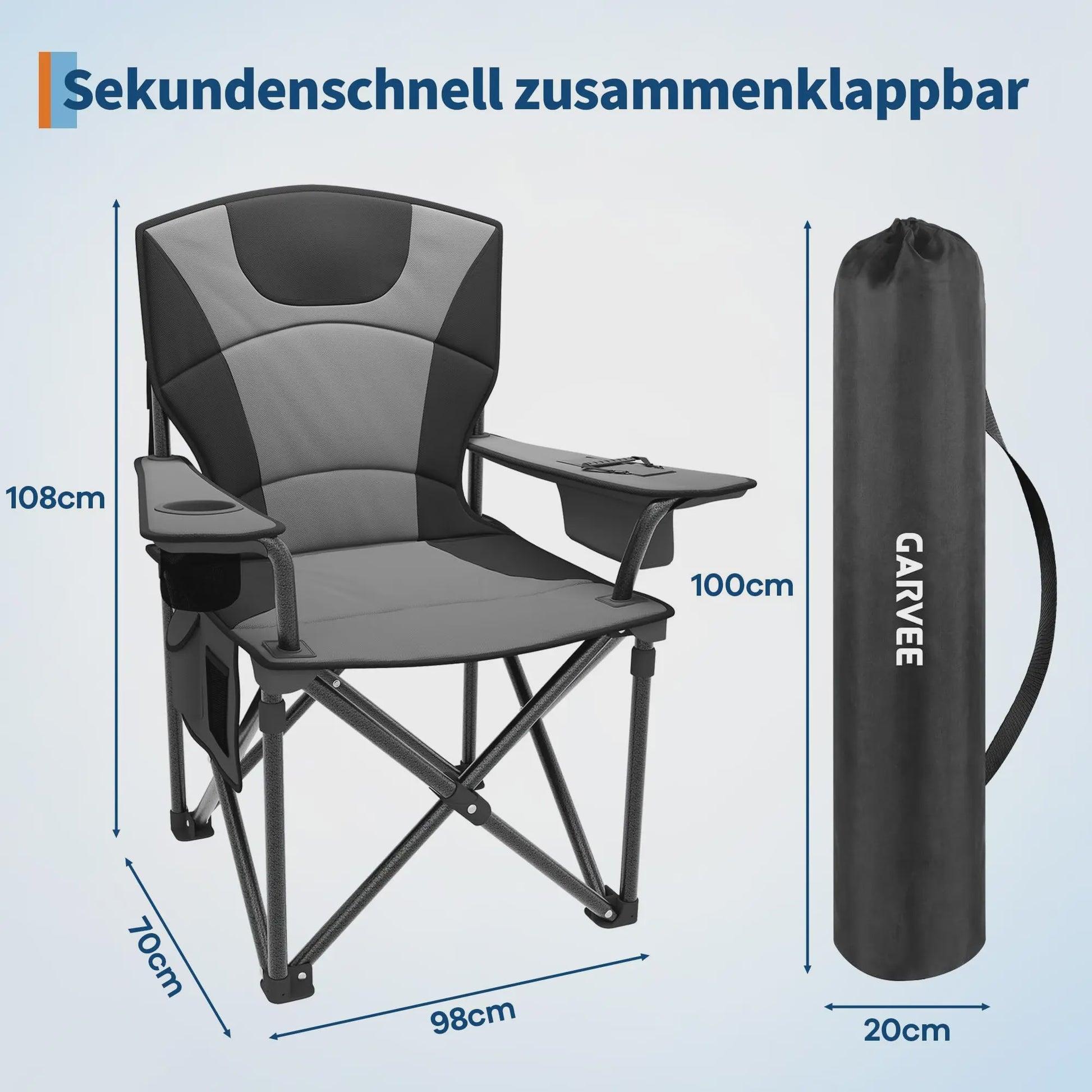 Extra Brede Klapstoel 64cm met Hoge Rugleuning en Bekerhouder - 200KG Draagkracht