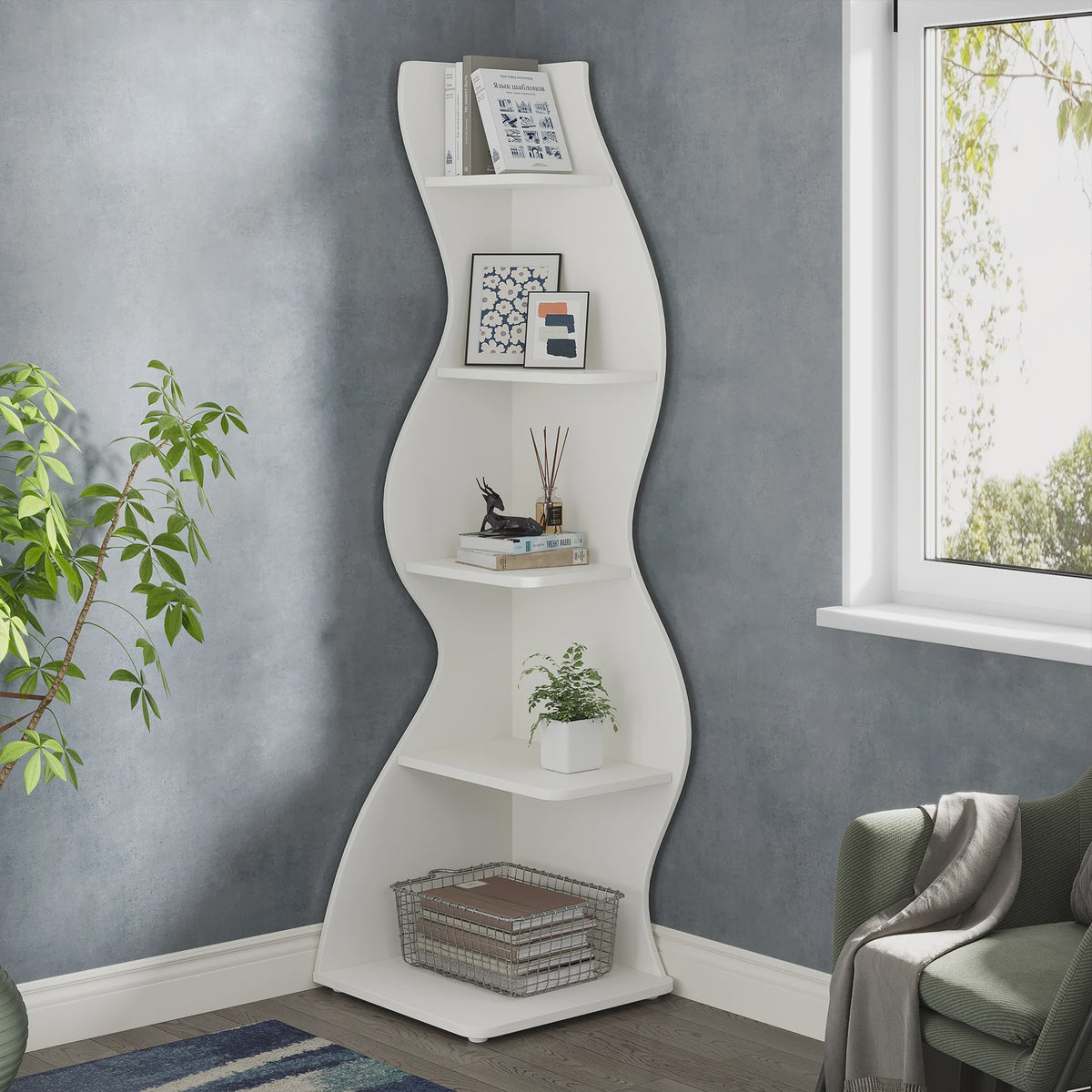Stijlvolle Golvende Hoekboekenkast met 5 Niveaus - Ruimtebesparend en Decoratief