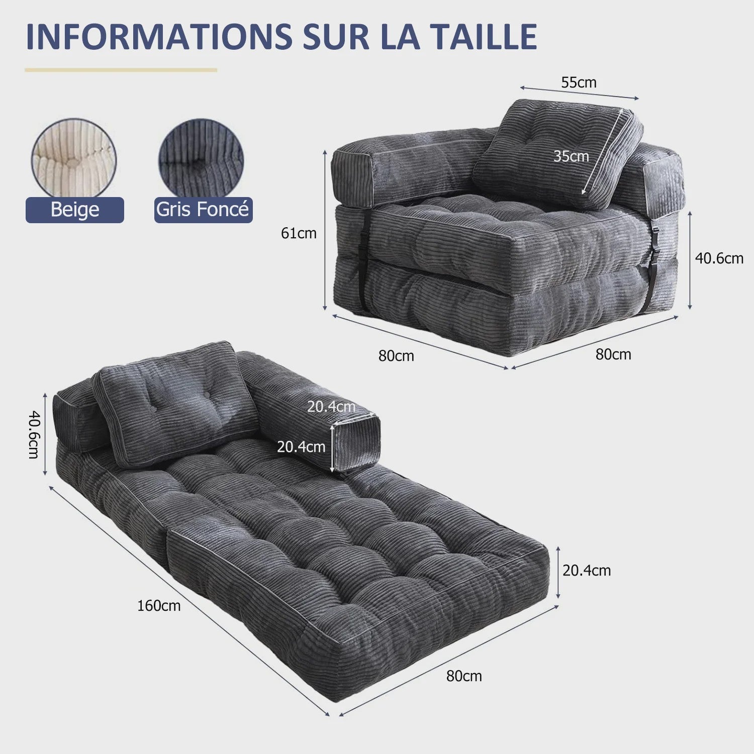 Opvouwbare Corduroy Sofa Bed met Geheugen Spons - Multifunctioneel en Comfortabel