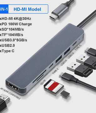 USB-C Docking Station 100W PD, 4K HDMI, VGA, RJ45, USB 3.0 Hub & SD/TF Kaartlezer