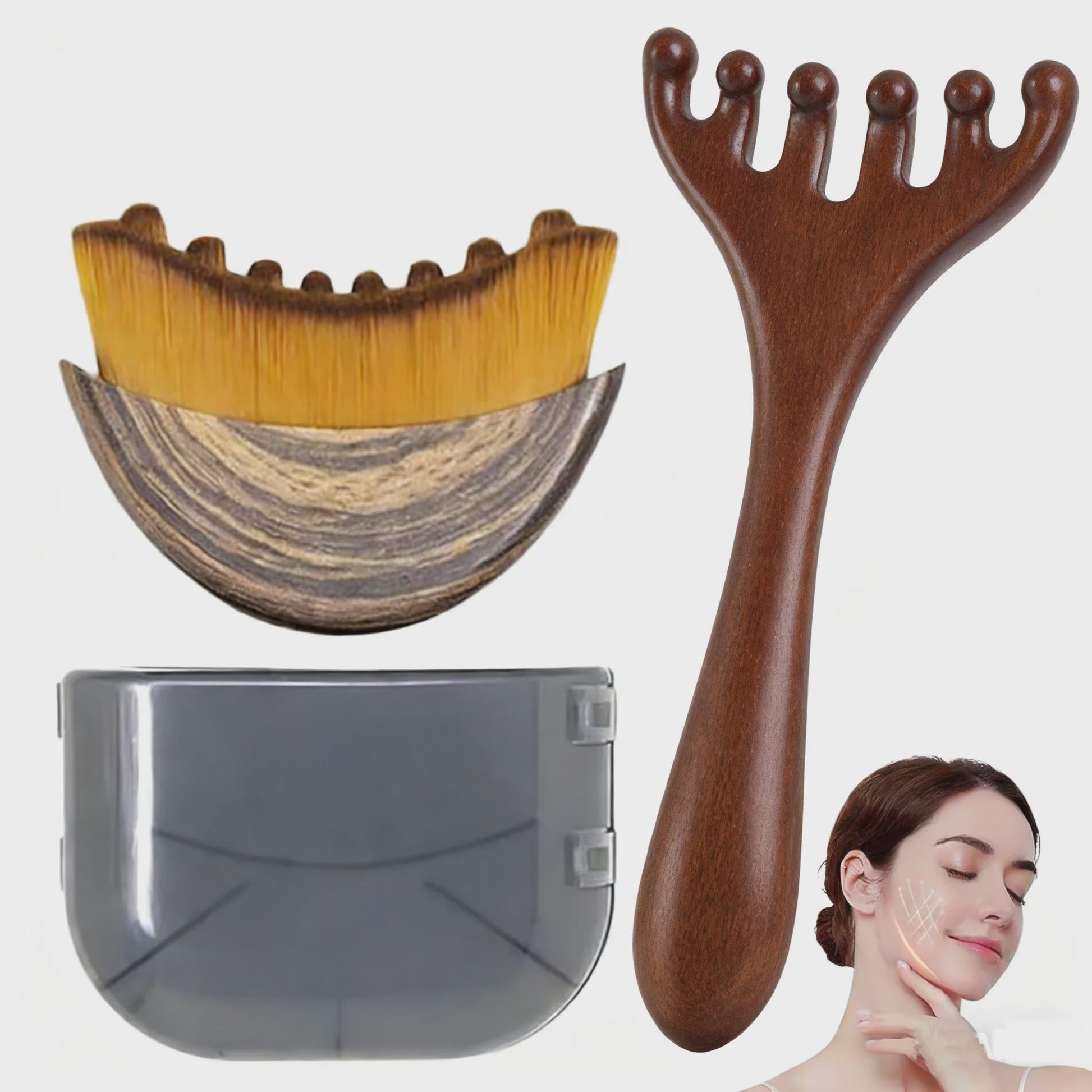Gezichtsborstel & Houten Meridian Massage Kam: Lymfatische Drainage & Kaaklijn Sculpting