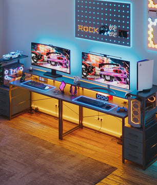 Gaming Bureau met LED Verlichting, Stopcontacten en Opbergvakken - 148x48x148 cm