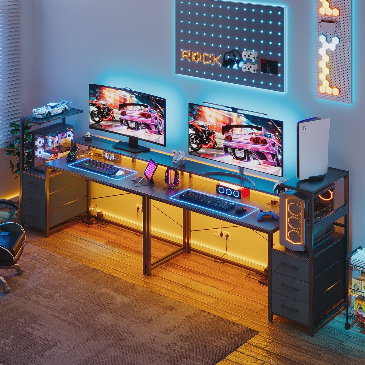 Gaming Bureau met LED Verlichting, Stopcontacten en Opbergvakken - 148x48x148 cm