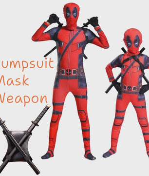 Deadpool Cosplay Kostuum Jumpsuit met Masker en Zwaarden voor Kinderen en Volwassenen