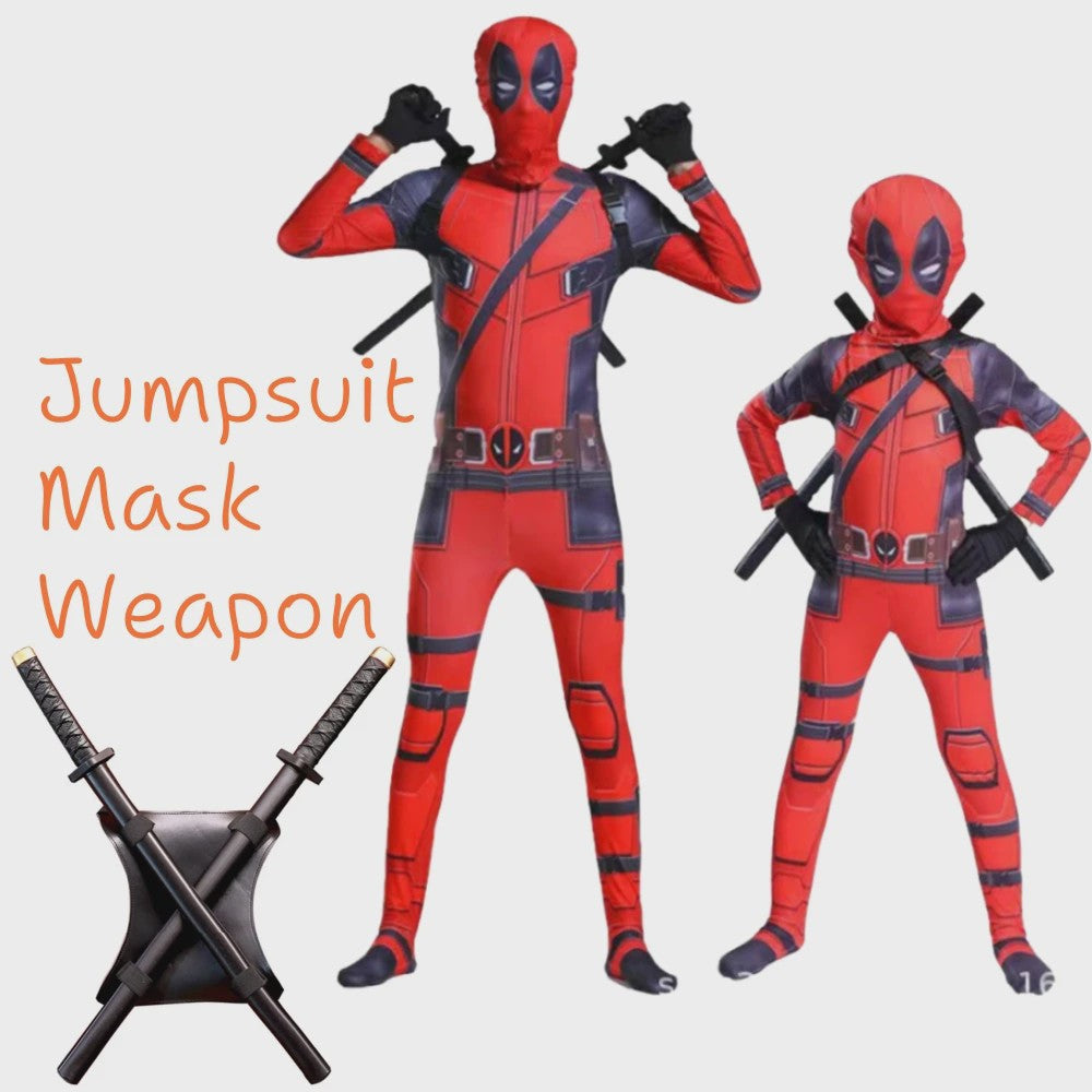 Deadpool Cosplay Kostuum Jumpsuit met Masker en Zwaarden voor Kinderen en Volwassenen