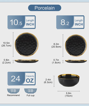 LOVECASA 12/24-delig Servies Set - Porselein met Gouden Rand - Dinerborden & Kommetjes