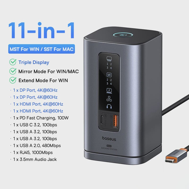 Baseus 12-in-1 USB-C Docking Station: 4K HDMI, Dual Display, RJ45, PD 100W