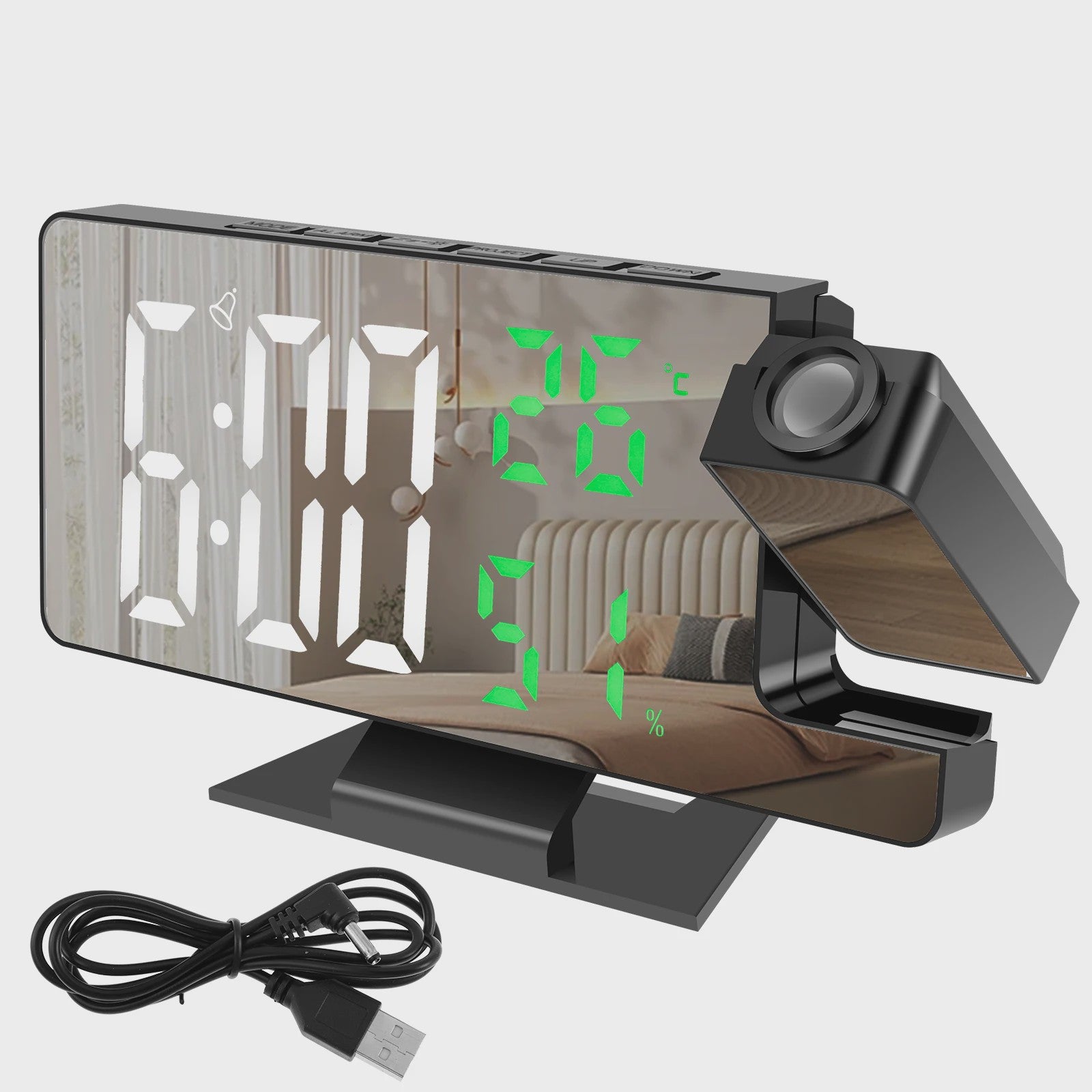 Moderne LED Digitale Projectiewekker met Spiegel & 180° Draaibare Projector