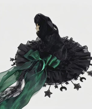 Luxe Heksenhoed van Kant en Fluweel met Maan & Sterren - Perfect voor Halloween & Cosplay