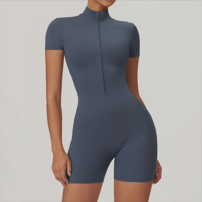 Dames Yoga Jumpsuit met Halve Rits en Opstaande Kraag - Korte Mouwen