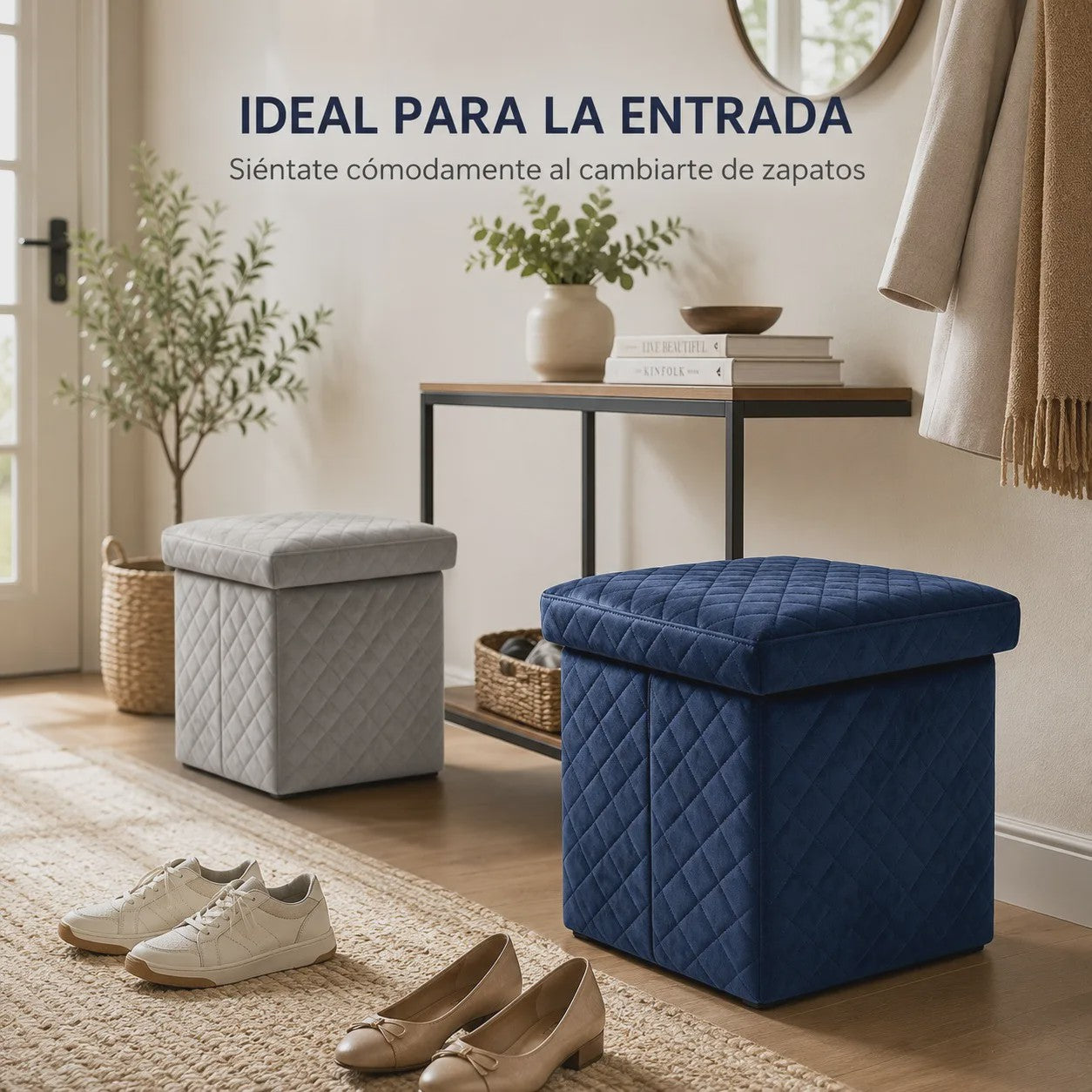3-in-1 Opvouwbare Fluwelen Opberg Poef met Diamant Design - 38x38x35cm