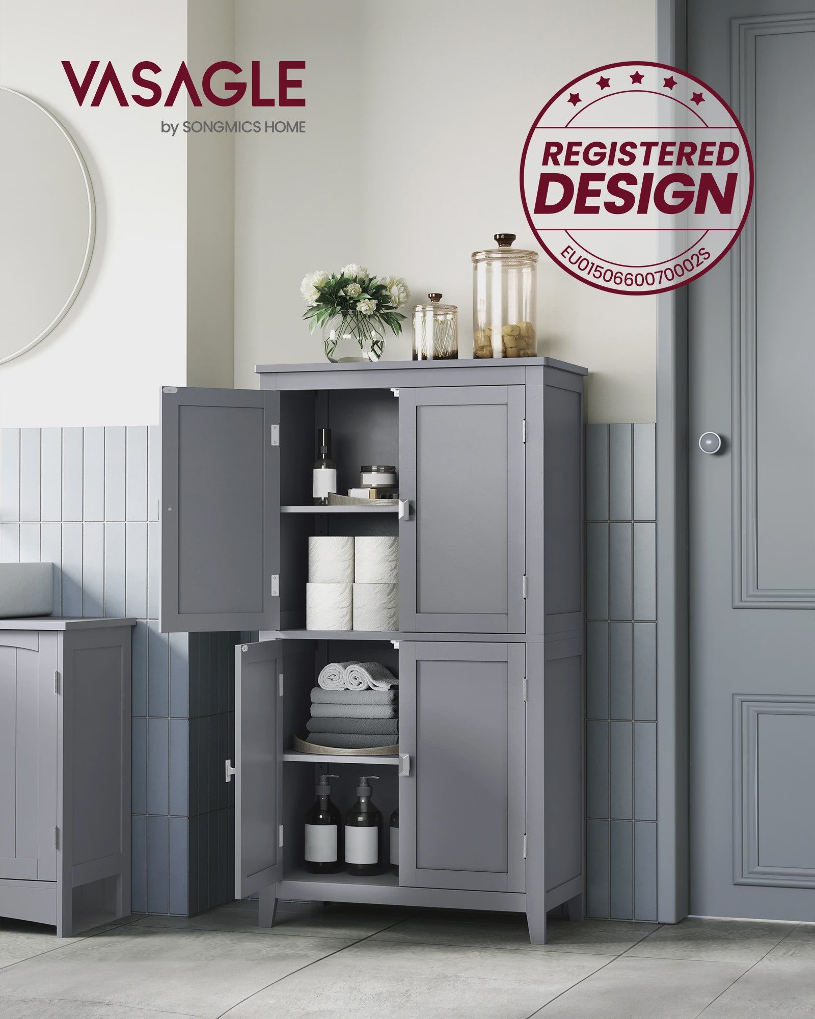 VASAGLE Hoge Kast met 4 Deuren - Stijlvolle Opbergoplossing voor Badkamer of Keuken (30x60x110 cm)