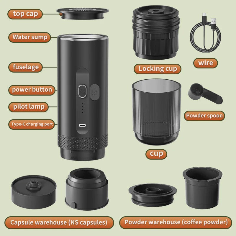 Draagbare 2-in-1 Koffiemachine: Draadloos, Elektrisch, voor Auto, Thuis & Camping - Capsules & Gemalen Koffie