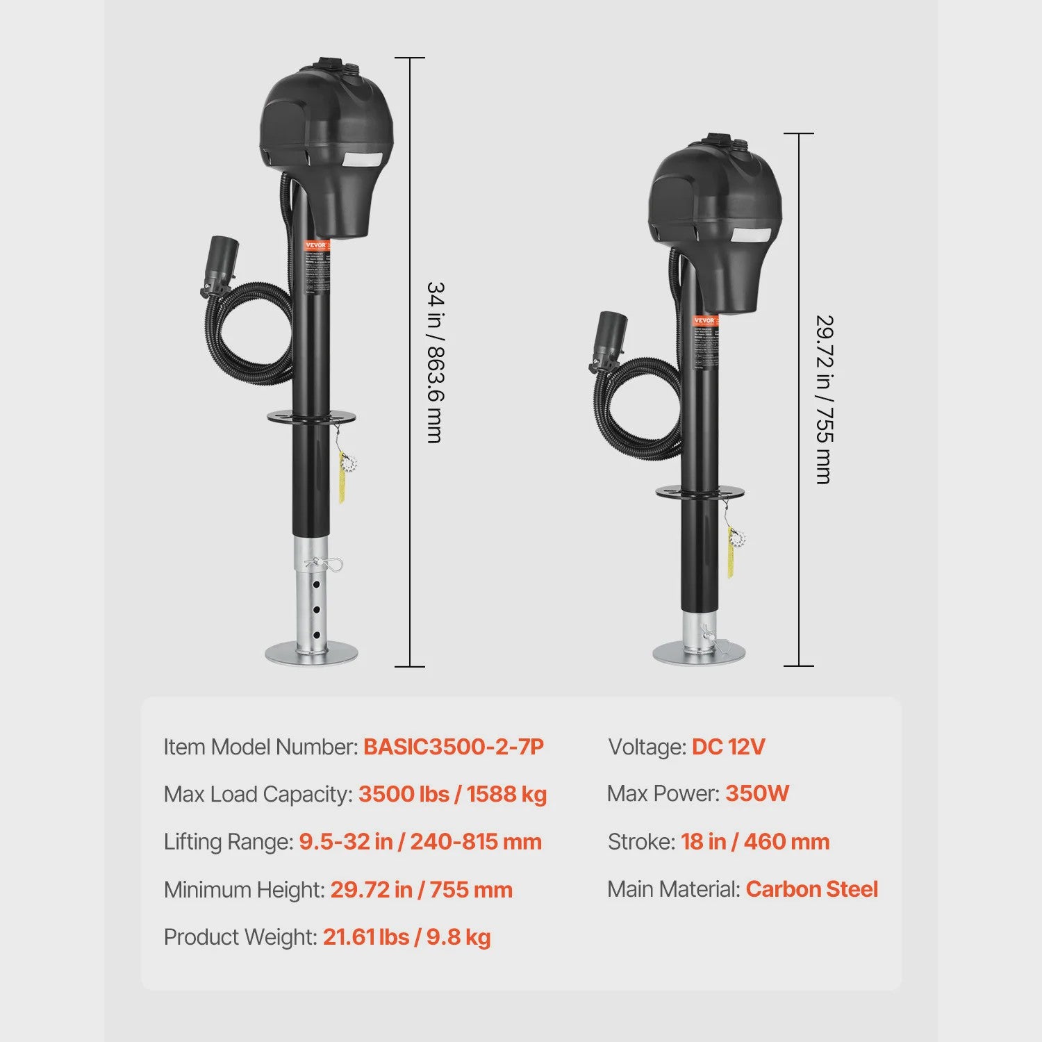 Elektrische Trailer Jack 3500/5000 Lbs - 12V Aanhangerlift met 7-pins Connector