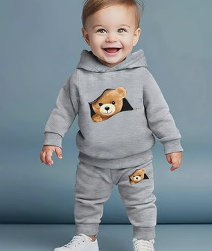 Schattige Baby Jongens Set: Fleece Sweater met Beerprint en Joggingbroek