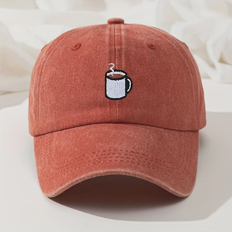 Retro Gewassen Baseball Cap met Koffiekopje Borduurwerk - Verstelbaar & Casual