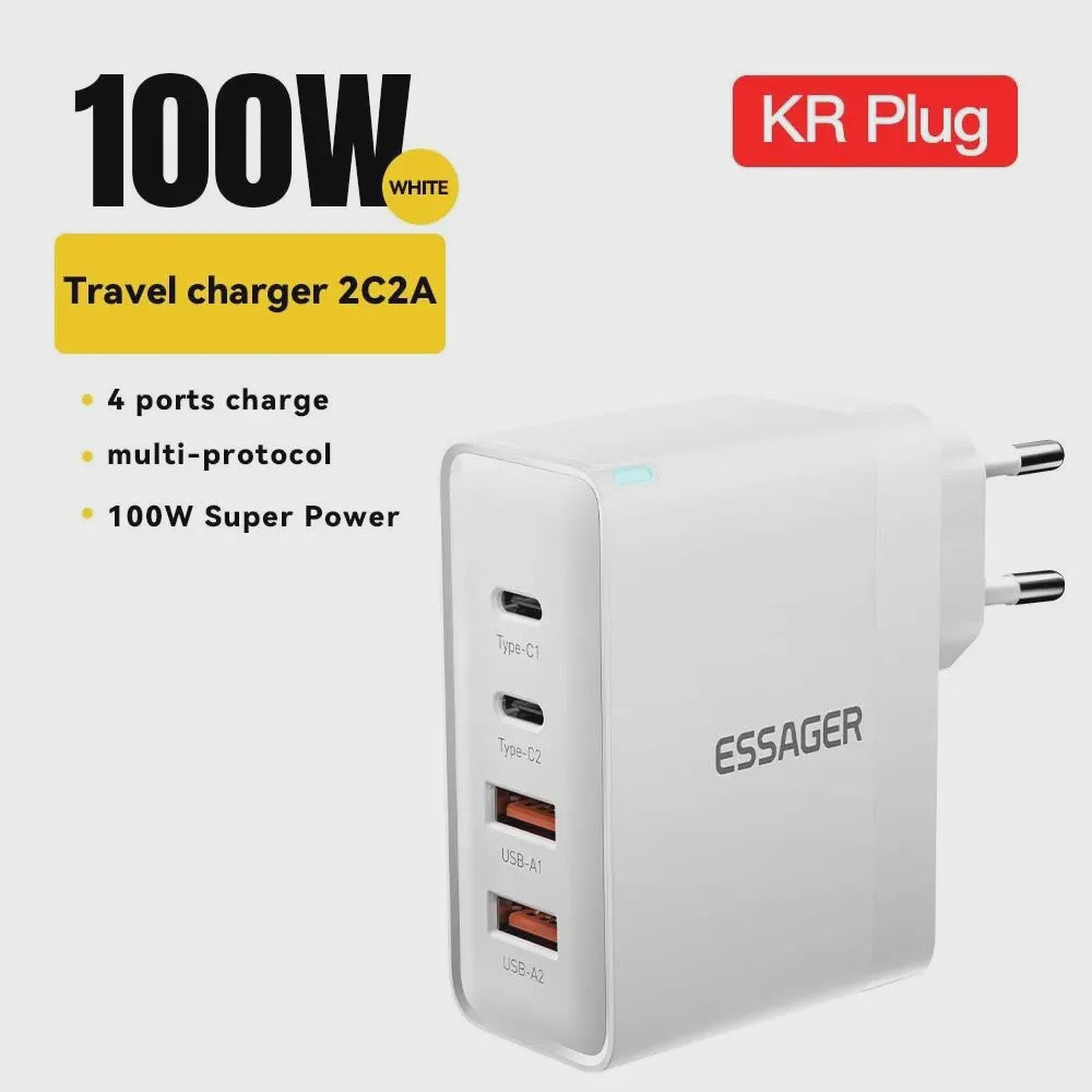 Essager 100W GaN Snellader USB-C PD QC 4.0 3.0 voor iPhone, Xiaomi, Macbook