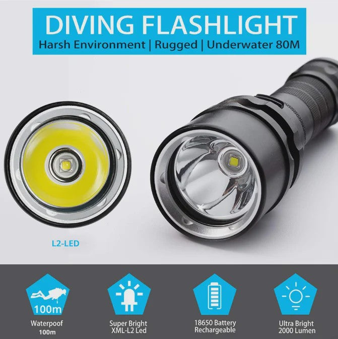 ESMARTER Professionele Duiklamp LED Super Fel T6/L2 Waterdicht met 18650 Batterij