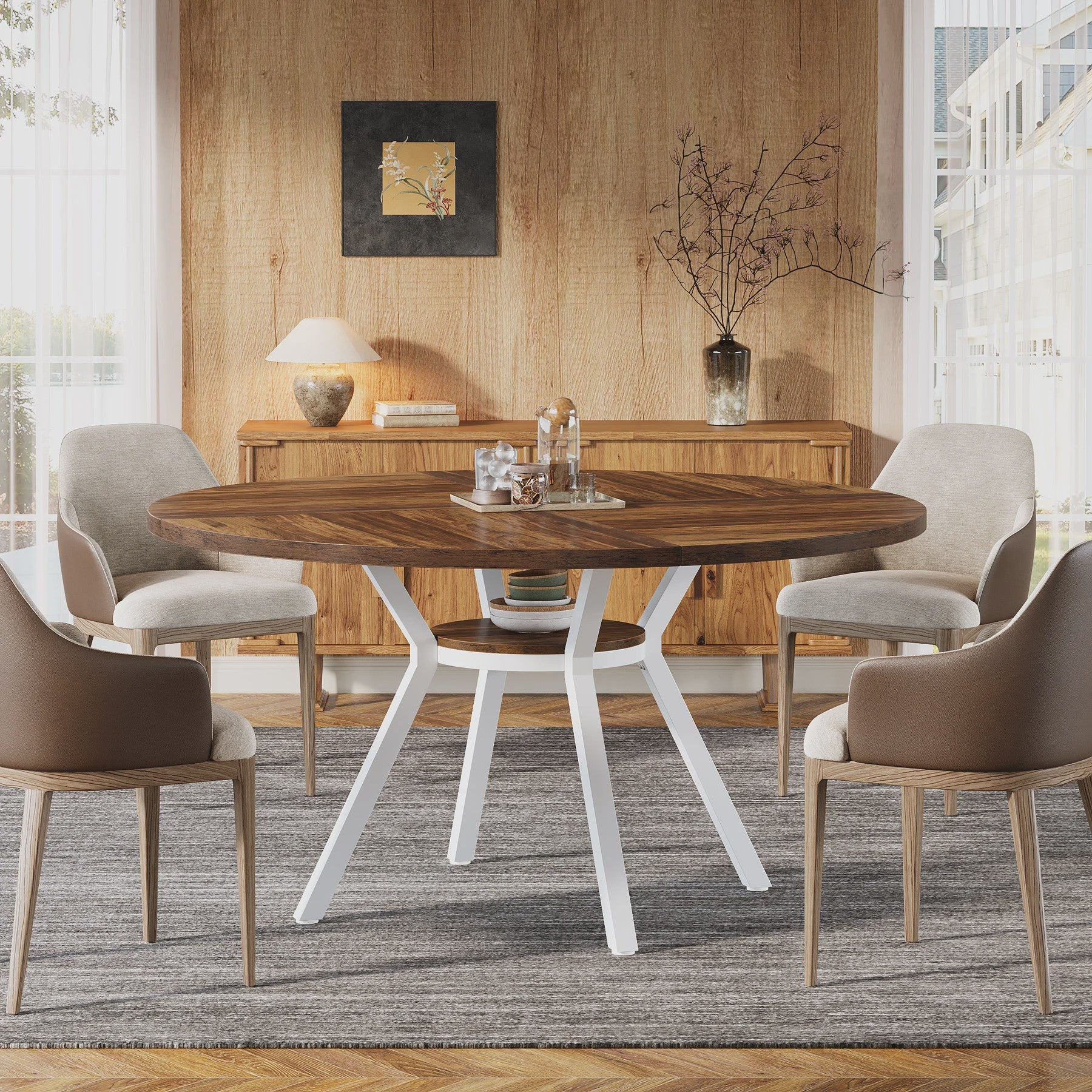 Ronde Eettafel 120cm met Opslag - Hout & Metaal - Geschikt voor 4-6 Personen