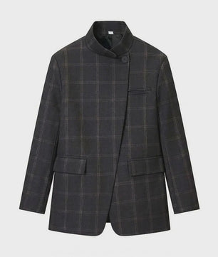 Chique Geruite Blazer Jas met Opstaande Kraag - Dames Casual Chic