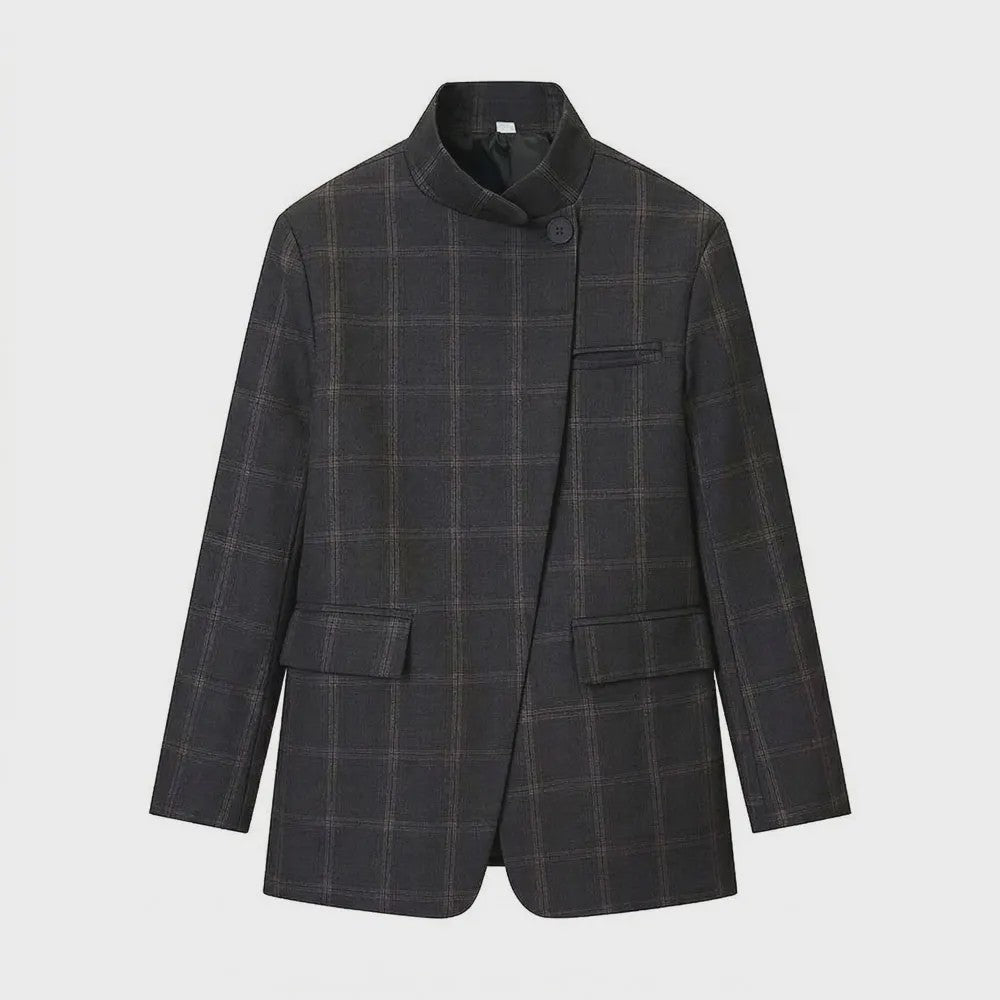 Chique Geruite Blazer Jas met Opstaande Kraag - Dames Casual Chic