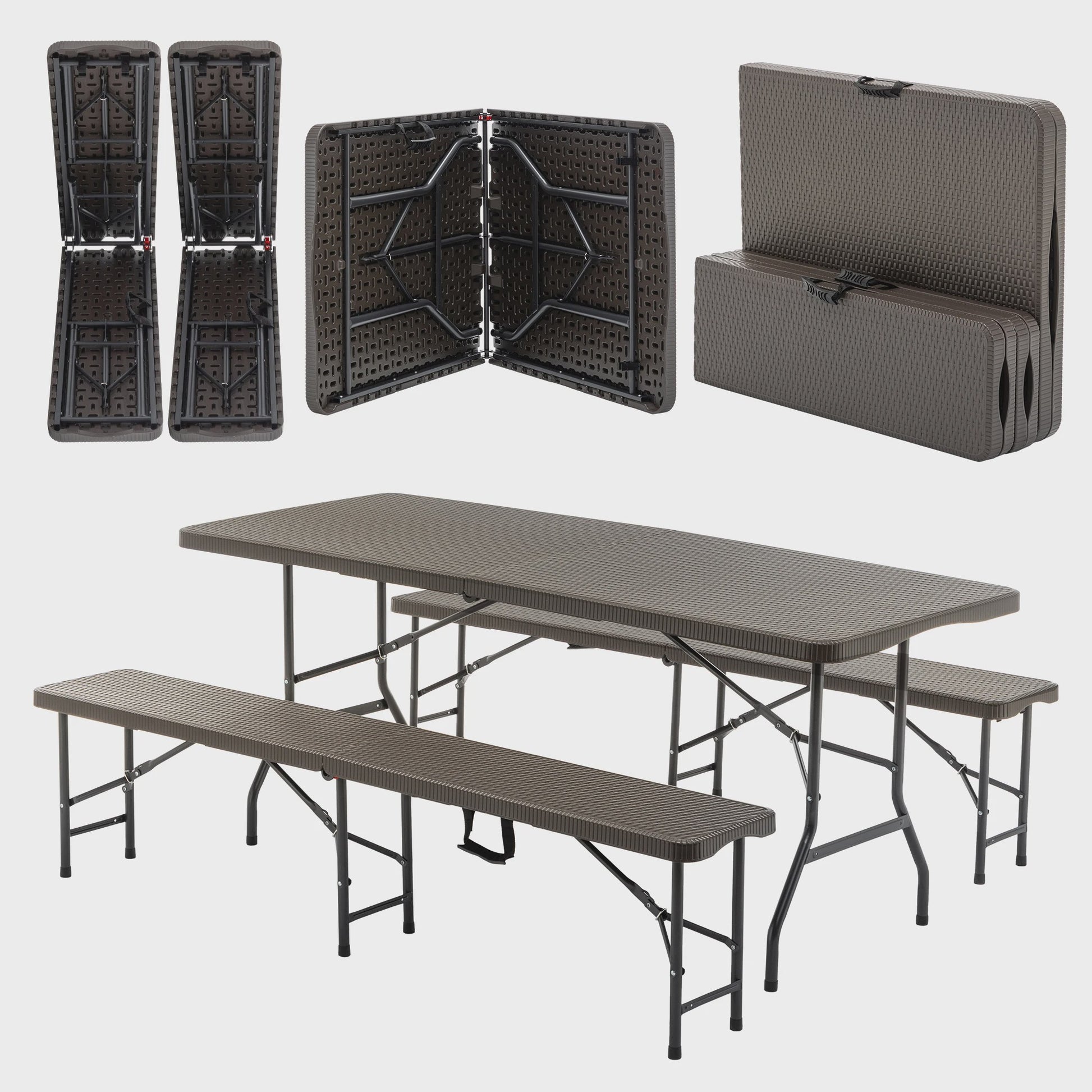 Opvouwbare Picknicktafel Set met 2 Banken - 180cm HDPE, UV-bestendig, Bruin