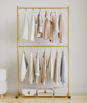 Stabiele Kledingrek Dubbellaags - Multifunctioneel & Nordic Stijl - Zwart, Wit, Goud
