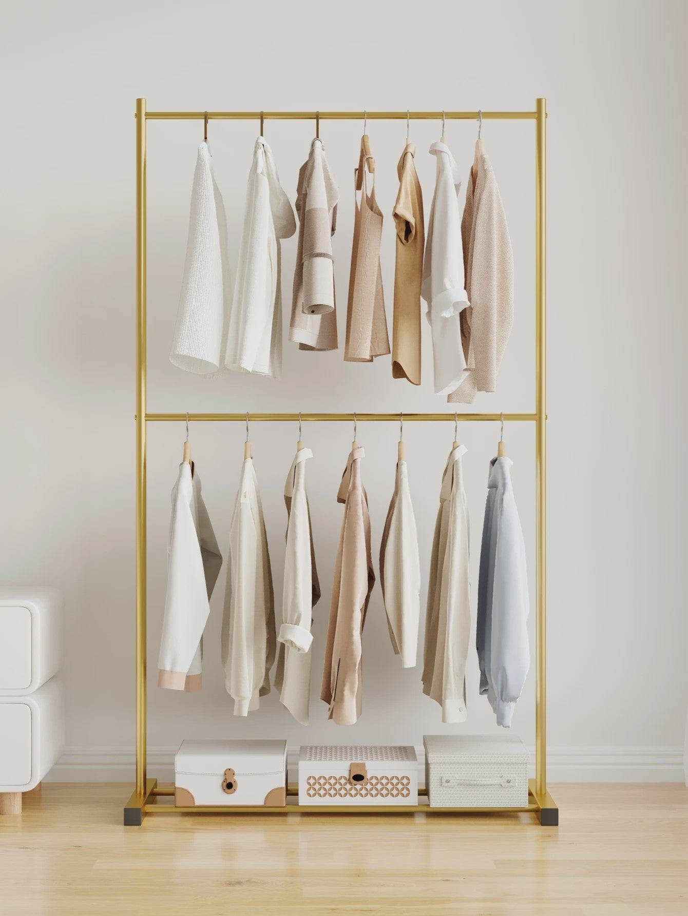 Stabiele Kledingrek Dubbellaags - Multifunctioneel & Nordic Stijl - Zwart, Wit, Goud