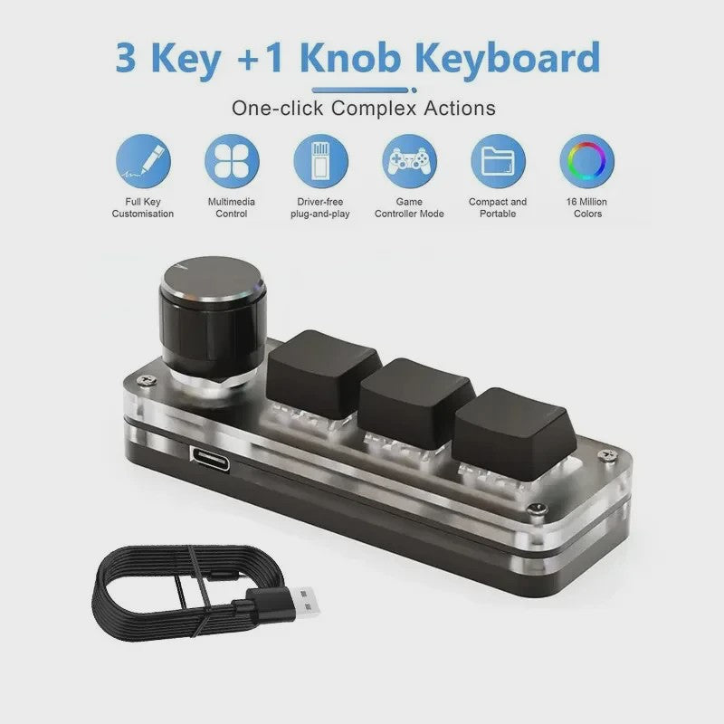 Programmeerbaar Mini Mechanisch Toetsenbord met 3 Toetsen, 1 Draaiknop & RGB - Ideaal voor Gaming & Design