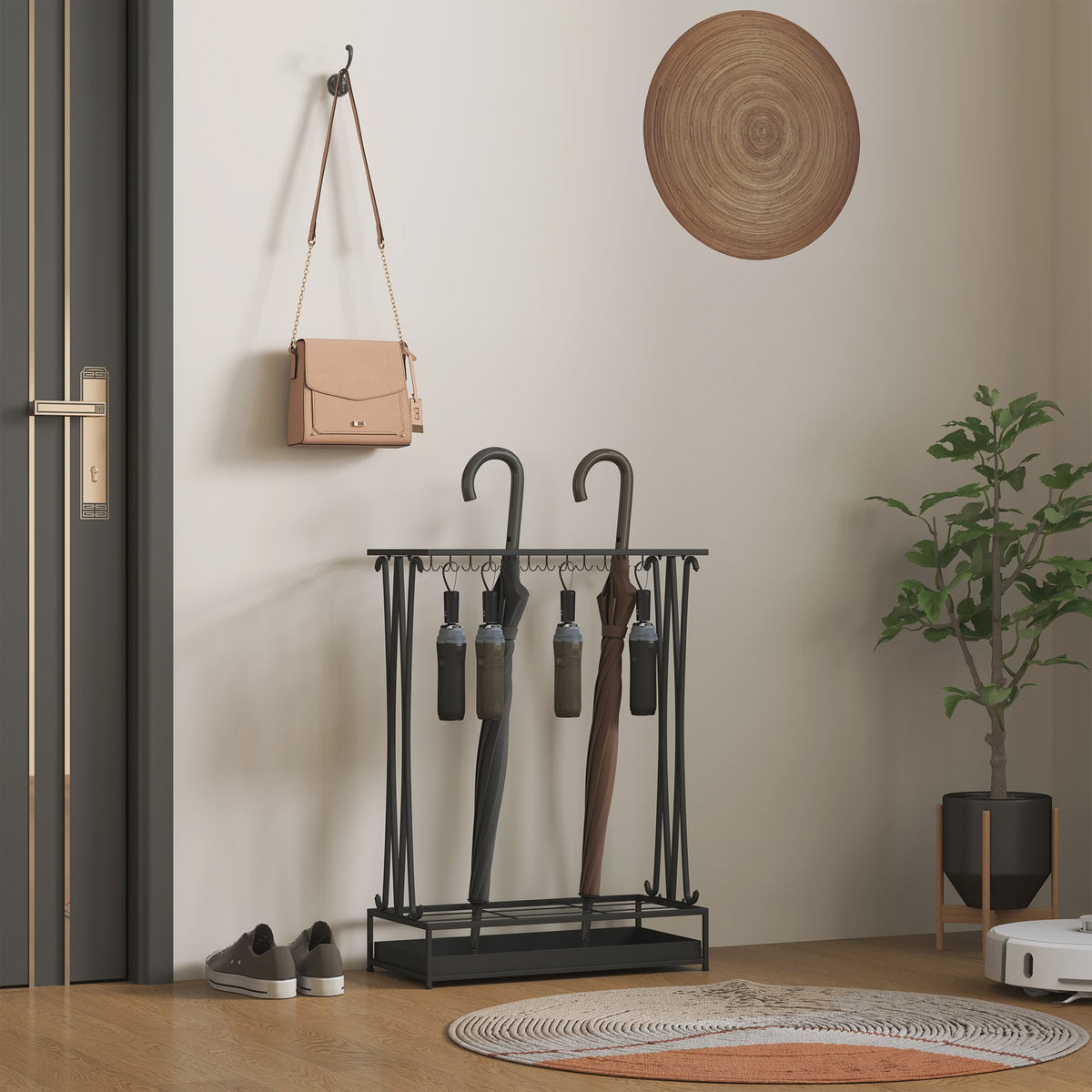 Stijlvolle Paraplustandaard met 24 Haken en Afneembare Drip Tray