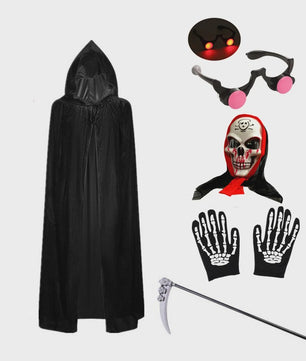 Griezelige Grim Reaper Kostuum voor Kinderen met Gloeiende Rode Ogen, Handschoenen en Zeis