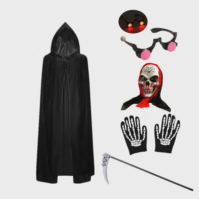 Griezelige Grim Reaper Kostuum voor Kinderen met Gloeiende Rode Ogen, Handschoenen en Zeis