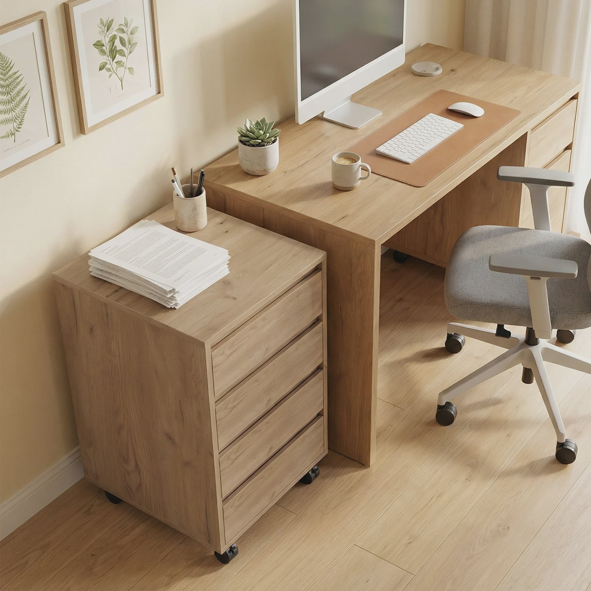 Mobiele Ladekast met 4 Lades - Bureau Ladekast op Wielen - 46x40x65 cm - Bruin