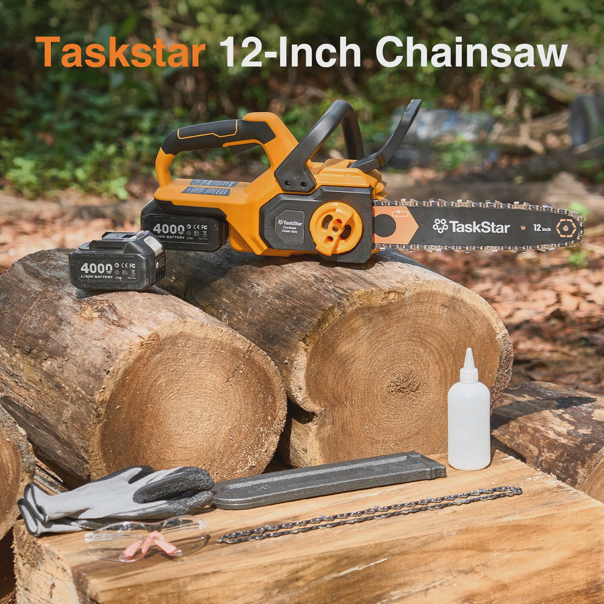 TaskStar 12-Inch Accu Kettingzaag - Krachtig, Borstelloos & Automatische Olie - Incl. 2x 4000mAh Batterijen