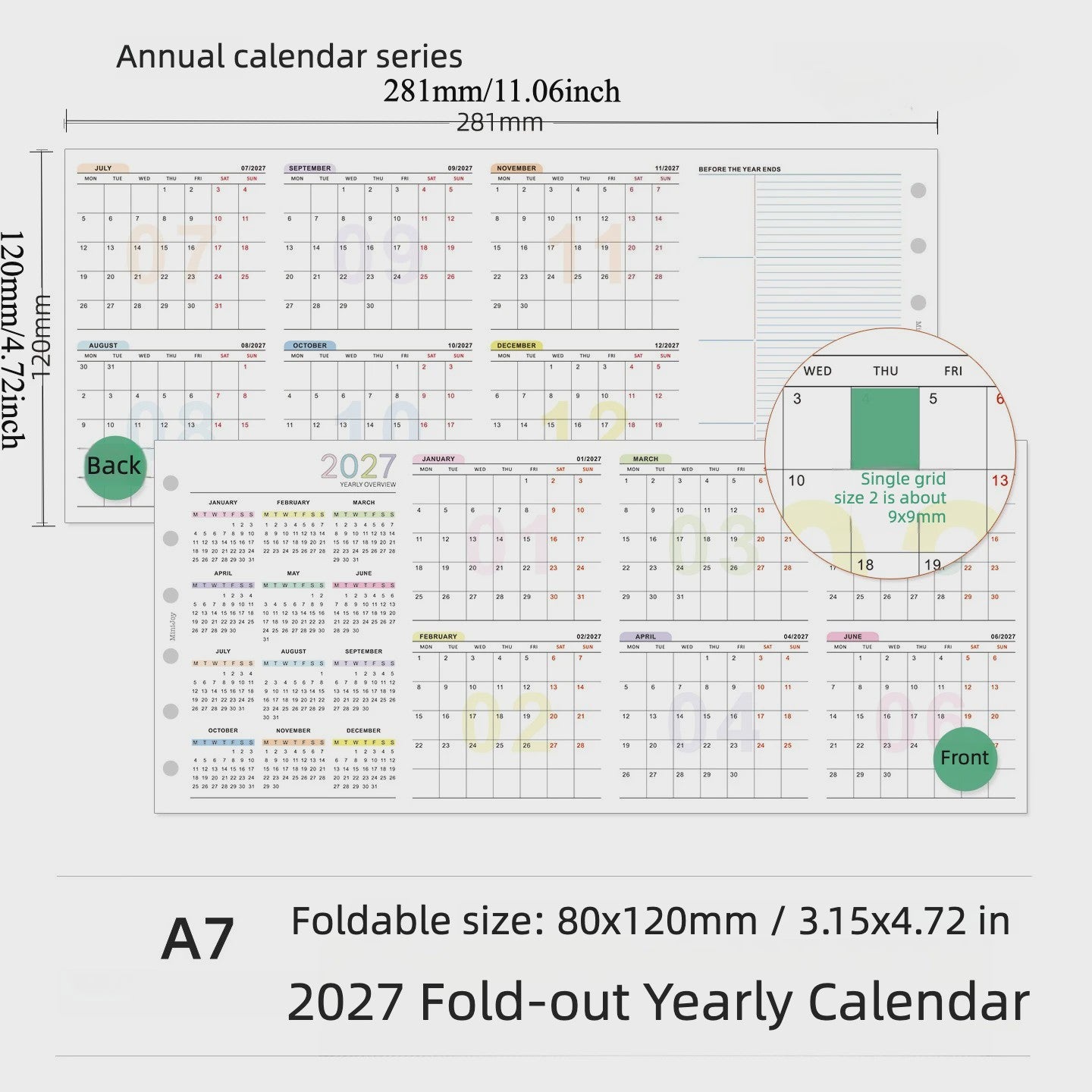 2027 Jaarkalender Navulling voor Planner | A6, A7, M5 | 4-Fold Ontwerp