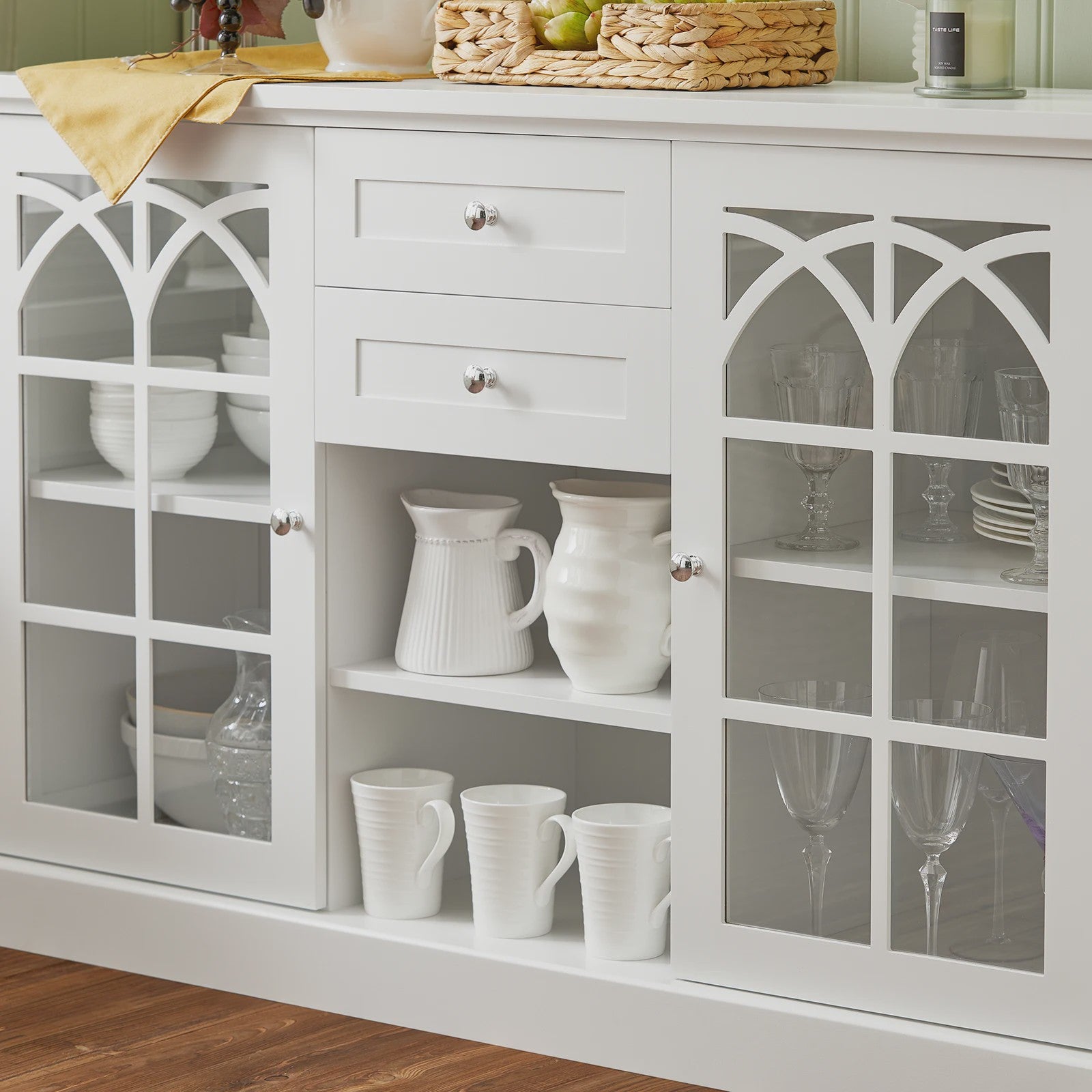 Wit Sideboard met 2 Glazen Deuren en 2 Lades - Stijlvolle Buffetkast voor Woonkamer of Hal