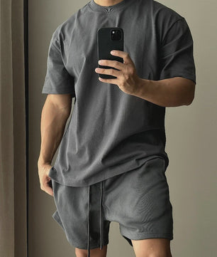 Heren Katoenen Set: Trendy T-shirt met Korte Mouwen en Shorts