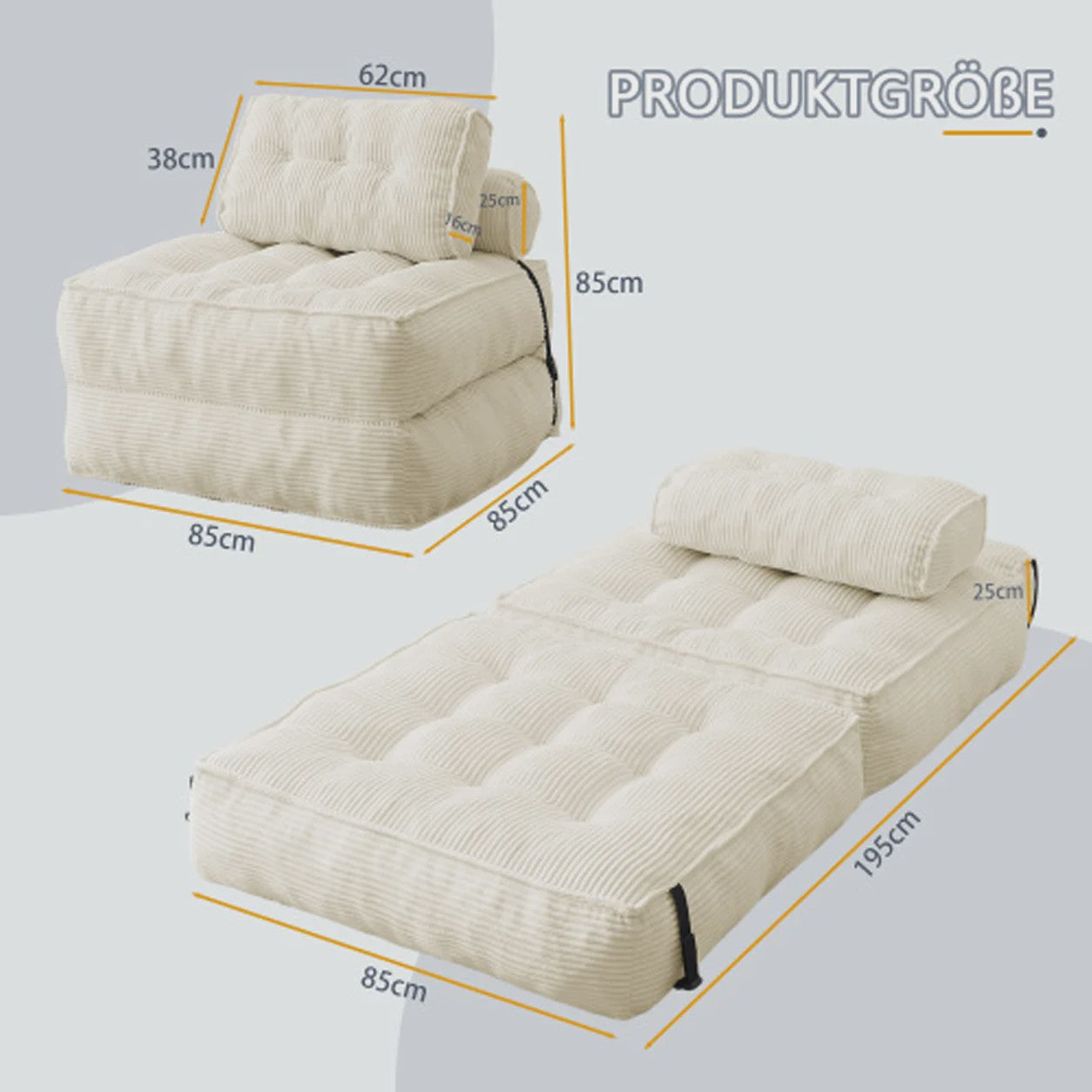2-in-1 Beige Ribstof Fauteuil en Slaapbank - Multifunctioneel en Opvouwbaar