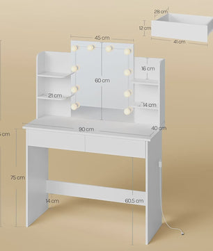 Kaptafel met LED Spiegel, 2 Lades & 4 Opbergvakken - 90x40x125cm