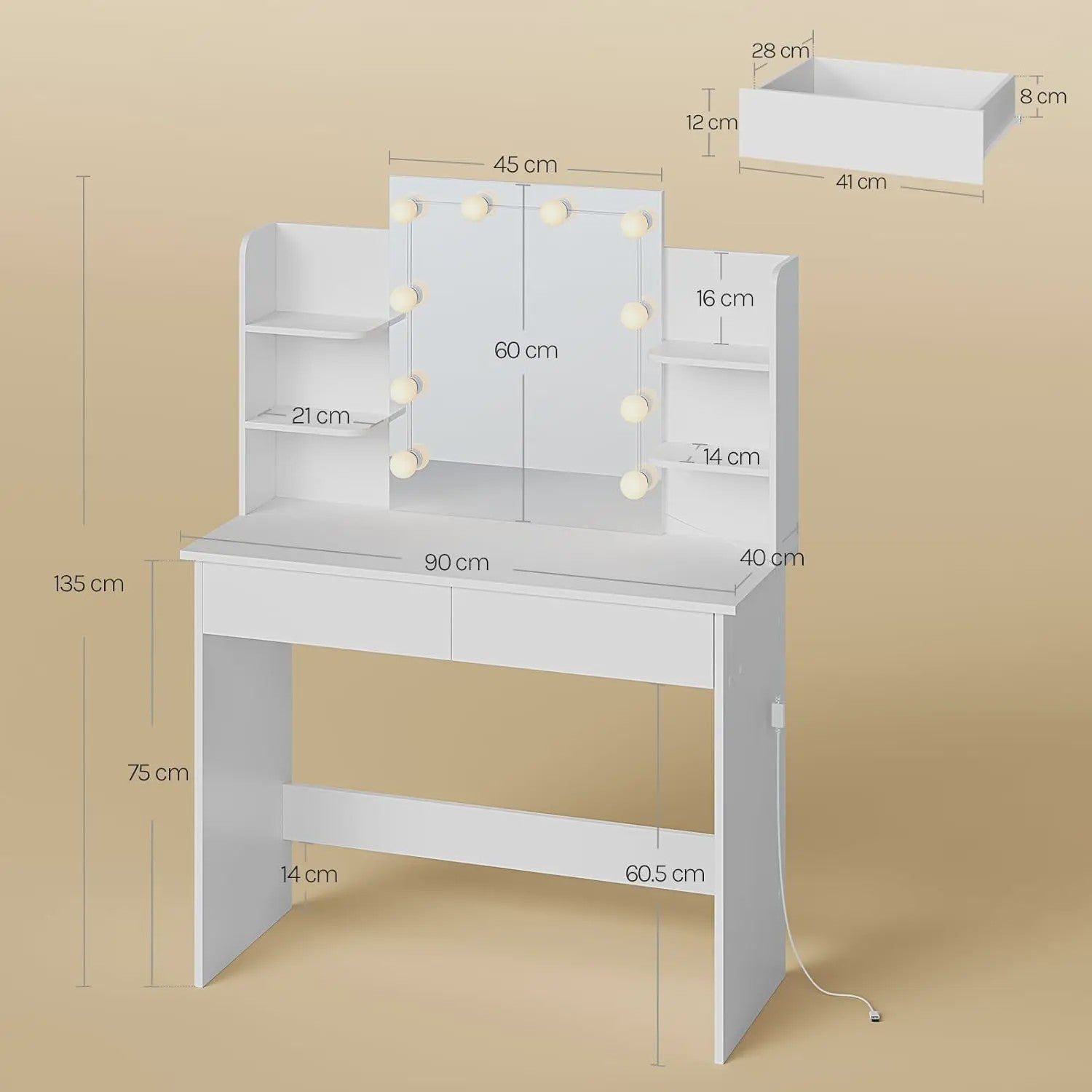 Kaptafel met LED Spiegel, 2 Lades & 4 Opbergvakken - 90x40x125cm