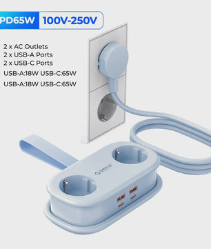 ORICO GaN 65W Power Strip: 2x AC, 2x USB-A, 1x USB-C - Snel Laden voor Thuis & Reizen
