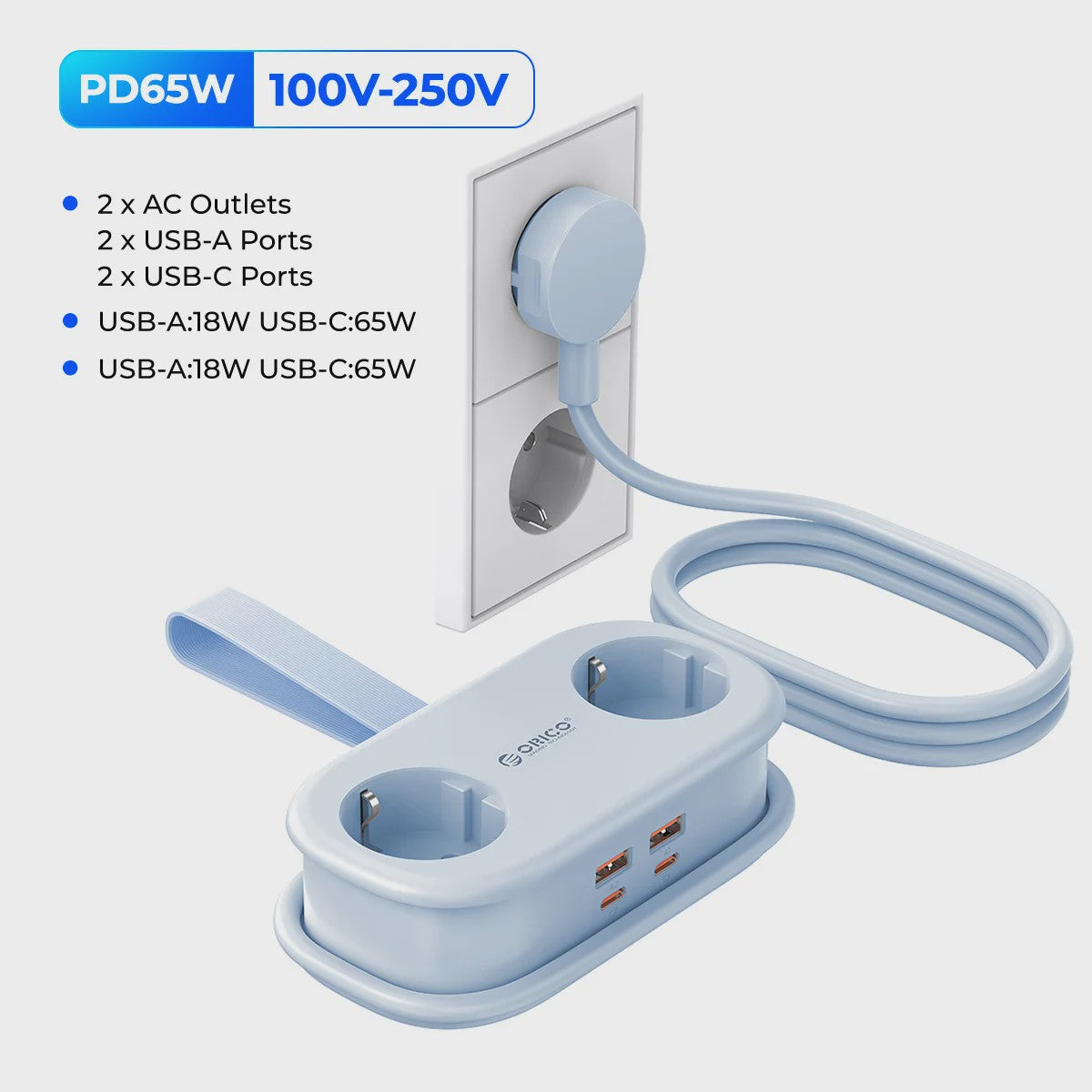 ORICO GaN 65W Power Strip: 2x AC, 2x USB-A, 1x USB-C - Snel Laden voor Thuis & Reizen